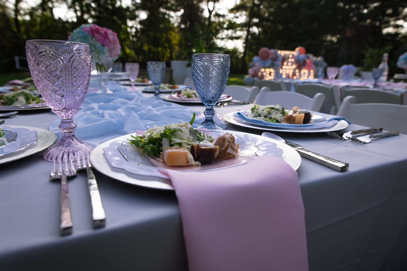Evening tablescape with crystal glassware